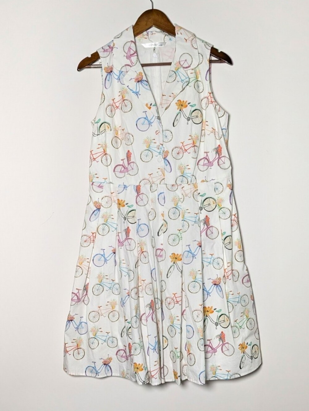 eShakti Dress Size Large White Novelty Bike Print Button Down Pleated Retro
